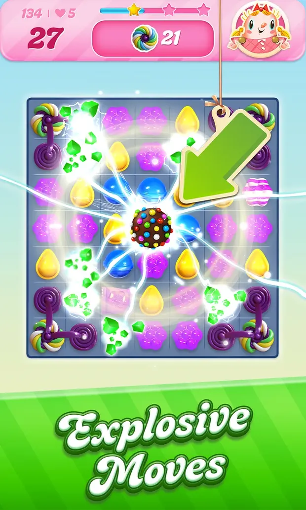 Candy Crush Saga board with coloured candies and a swap in progress