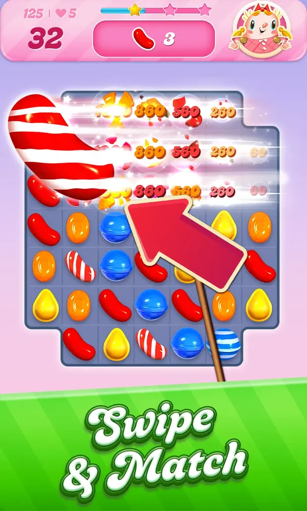 Candy Crush Saga level with special candies triggering a cascade